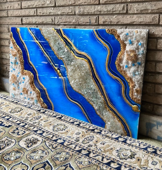Blue Resin Geode Wall Art Resin Painting Epoxy Resin Canvas Etsy
