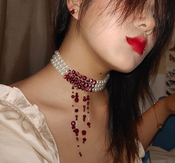Bloody Pearl Necklace 3 Layers Pearl Chokerbloody Choker - Etsy