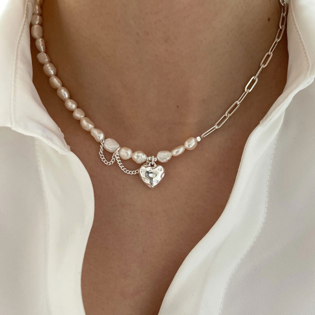 Baroque Pearl Necklace Silver Heart Pendant Choker Necklace Etsy