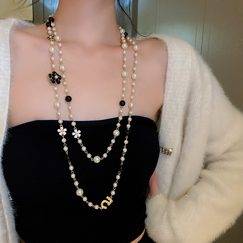 Layered Pearl Necklace Multi-layer Camellia Long Necklace,Rose Flower Sweater Chain Necklace,Gift for Her, Gift Idea for Mom