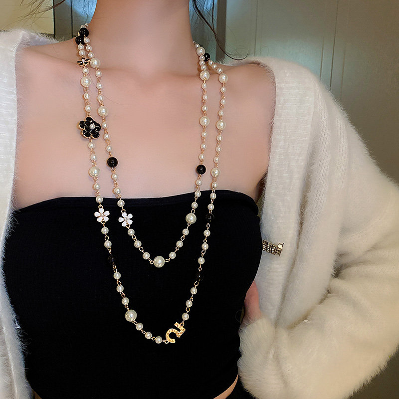 Layered Pearl Camellia Long Necklace