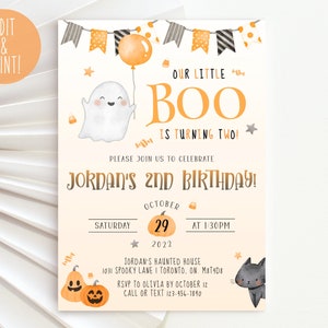 Our Little Boo Is Turning Two Invitation Template, Halloween 2nd Birthday Invite, Printable Kids Ghost Birthday Party Invitation, Any Age