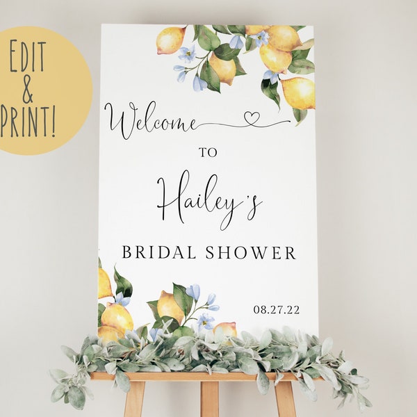 Lemon Bridal Shower Welcome Sign Template, Citrus Bridal Shower Welcome Board, Editable Lemon Bridal Sign, Printable Bridal Shower Sign DIY