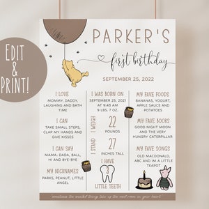 Winnie The Pooh 1st Birthday Milestone Board Template, Birthday Milestone Sign, Editable Baby Stats Sign, Pooh Bear Neutral Milestones Sign