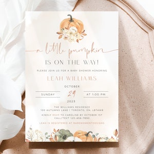Little Pumpkin Is On The Way Baby Shower Invitation Template, Editable Fall Baby Shower Invite Digital Download, Autumn Baby Shower Evite