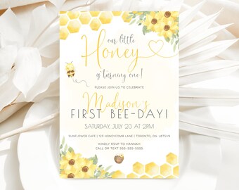 1. Biene Tages Einladung, bearbeitbare 1. Geburtstag Einladung Vorlage, Bienen Geburtstag, Honig Biene ersten Geburtstag einladen, Sonnenblumen Honig Einladung