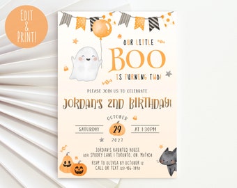 Our Little Boo Is Turning Two Invitation Template, Halloween 2nd Birthday Invite, Printable Kids Ghost Birthday Party Invitation, Any Age