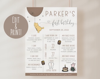 Winnie The Pooh 1st Geburtstag Meilensteintafel Vorlage, Geburtstag Meilenstein Zeichen, bearbeitbares Baby Stats Zeichen, Pooh Bear Neutral Meilensteine Zeichen