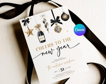 Peut inclure: Une invitation pour une fête du Nouvel An avec le texte "Cheers to the New Year". L'invitation présente des illustrations de champagne, d'ornements et d'une montre de poche. La date et l'heure sont également incluses.