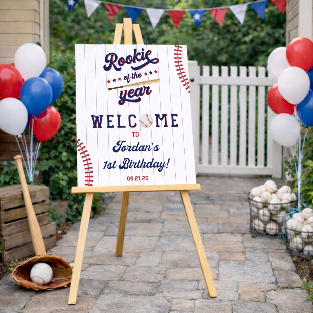 Rookie of the Year First Birthday Welcome Sign, Baseball 1st Birthday ...