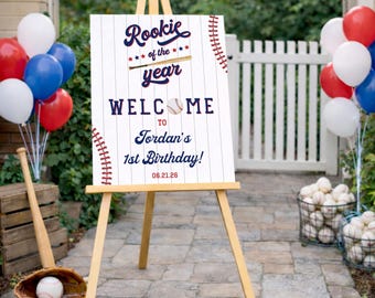 Premier anniversaire de la recrue de l'année, baseball 1er anniversaire grand modèle de plaque de bienvenue, imprimable garçon 1er anniversaire fête signalisation