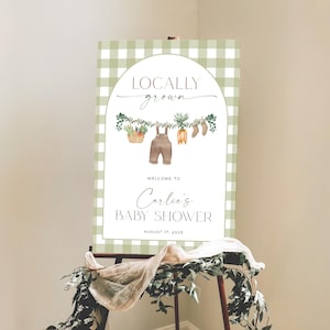 Letrero de bienvenida para baby shower de productos locales, plantilla de letrero de bienvenida para baby shower de mercado de agricultores, póster neutro para baby shower, de productos locales, editable