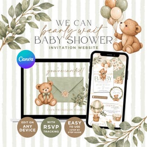May include: A digital baby shower invitation website template featuring a brown teddy bear, sage green envelopes, and watercolour eucalyptus leaves. The design includes text reading WE CAN bearly wait BABY SHOWER INVITATION WEBSITE and you're invited.