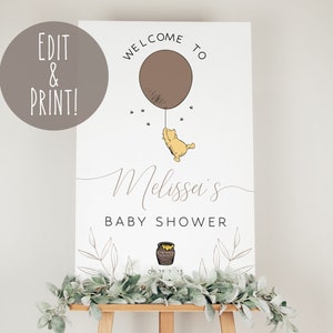 Classic Winnie The Pooh Baby Shower Welcome Signs Template, Printable Gender Neutral Pooh Bear Baby Shower Welcome Board Signage DIY