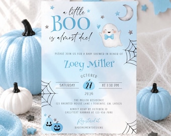 Halloween Baby Shower Invitation Template, A Little Boo Is Almost Due Invitation, Boy Baby Shower Invite, Fall Baby Shower, Blue Ghost Canva