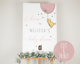 Winnie The Pooh Baby Shower Welcome Sign Template, Printable Pink Winnie The Pooh Girl Baby Shower Signage, Editable Pooh Bear Welcome Board