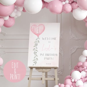Our Little Sweetheart Is Turning One Welcome Sign, Valentines 1st Birthday Welcome Sign Template, Printable Pink Boho Party Welcome Poster