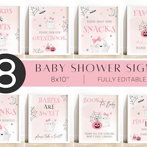 Halloween Baby Shower Signs Bundle, Little Boo Baby Shower Printable Sign Template, Girl Ghost Editable Table Signs, Favors, Cards and Gifts