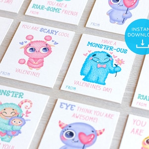 Cartes de Saint-Valentin monstre imprimables pour les enfants, Saint-Valentin en classe, Cartes de Saint-Valentin pour enfants pour la garderie scolaire, Étiquettes cadeaux Téléchargement instantané