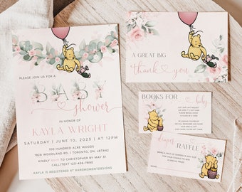 Winnie the Pooh Baby Shower Invitations, Winnie The Pooh Girl Baby Shower Invite Set, Spring Baby Shower, Blush Pink Pooh Bear Shower Bundle