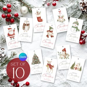 May include: A set of ten Christmas gift tags with watercolor illustrations. Each tag features a different festive design, including Santa Claus, an owl, a snowman, and a Christmas tree. The words "Merry Christmas" are written on each tag.