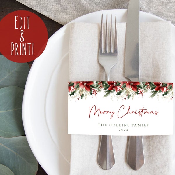 EDITABLE Christmas Napkin Ring, Christmas Napkin Ring Printable, Holiday Utensils Wrap, Christmas Table Decor, Holiday Napkin Rings Template