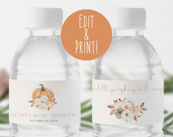 Pumpkin Baby Shower Water Bottle Labels Template, Fall Baby Shower Bottle Label, Editable Little Pumpkin Shower Labels, Neutral Shower Decor