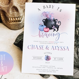A Baby Is Brewing Halloween Gender Reveal Invitation Template, Editable Gender Reveal Digital Invite, Printable Spooky Gender Reveal Party