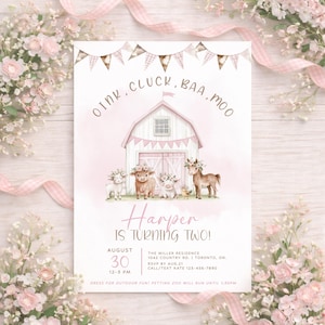 Floral Farm Birthday Invitation, Pink Farm Animal Birthday Invitation Template, Boho Farm Birthday Invite, Girl 2nd Birthday Digital Evite image 1