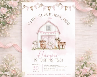Invitación de cumpleaños con temática de granja floral, plantilla de invitación de cumpleaños con animales de granja rosas, invitación de cumpleaños con temática de granja bohemia, invitación digital para el segundo cumpleaños de una niña