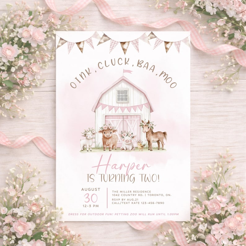 Floral Farm Birthday Invitation, Pink Farm Animal Birthday Invitation Template, Boho Farm Birthday Invite, Girl 2nd Birthday Digital Evite image 1