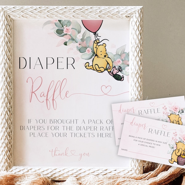 Winnie the Pooh Baby Shower Diaper Raffle, Winnie the Pooh Diaper Raffle Sign, Blush Pink Baby Shower Diaper Raffle Cards, Girl Baby Shower