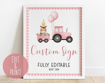 Pink Farm 1st Birthday Custom Sign Template, Editable Floral Farm Animals Table Sign, Girl Barnyard Bash Decoration, Pink Barnyard Birthday