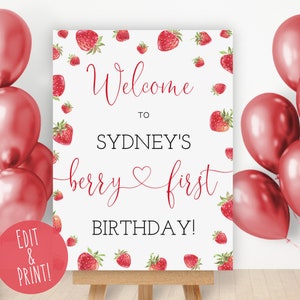 Berry First Birthday Welcome Sign, Printable Strawberry 1st Birthday Sign, Girl 1st Birthday Welcome Board, Red Berry 1st Birthday Decor DIY