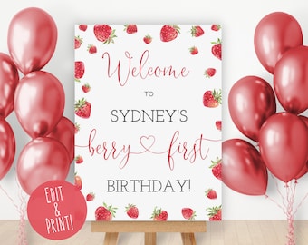 Berry First Birthday Welcome Sign, Printable Strawberry 1st Birthday Sign, Girl 1st Birthday Welcome Board, Red Berry 1st Birthday Decor DIY