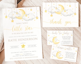 May include: A set of four baby shower cards with a yellow moon and white clouds with stars. The cards include a baby shower invitation, a thank you card, a book request card, and a diaper raffle card. The text on the invitation reads "Twinkle Twinkle Little Star, Do You Know How Loved You Are?" and the text on the thank you card reads "Thank You".