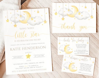 Moon and Stars Baby Shower Invitation, Moon Baby Shower Invite, Twinkle Twinkle Little Star Baby Shower, Invitation Template, Neutral Evite