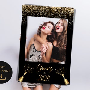 New Years Eve Party Photobooth Frame, 2025 New Years Eve Selfie Frame DIY, New Years Party Photobooth Prop, Black & Gold Photobooth Template