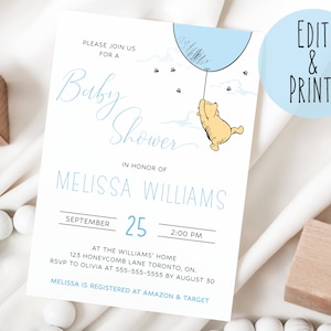 Classic Winnie The Pooh Boy Baby Shower Invitation Template, Printable Boy Baby Shower Invite, Winnie The Pooh Blue Baby Shower Invitation