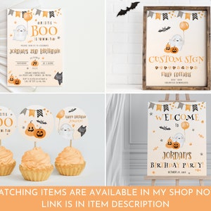 May include: Printable Halloween birthday party decorations featuring a cute ghost with a pumpkin and a bat. The set includes a welcome sign, a custom sign, and cupcake toppers. The signs are editable and the cupcake toppers are ready to print.