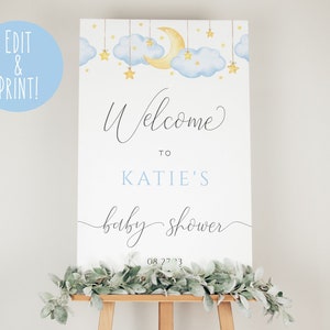 Twinkle Twinkle Little Star Baby Shower Welcome Sign, Moon and Stars Baby Shower Welcome Sign, Boy Baby Shower Signage, Blue Welcome Poster