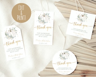Pumpkin Baby Shower Thank You Tags, Printable Fall Baby Shower Favor Tags, Modern Pumpkin Gift Tag Templates, Little Pumpkin Shower Labels