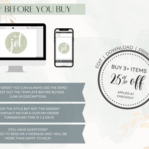 May include: A digital mockup of a computer screen and a mobile phone displaying a logo design for a business called "Jet" with the text "Edit | Download | Print" and "Buy 3+ Items 25% off Applied at Checkout" in a circle with a dotted border.