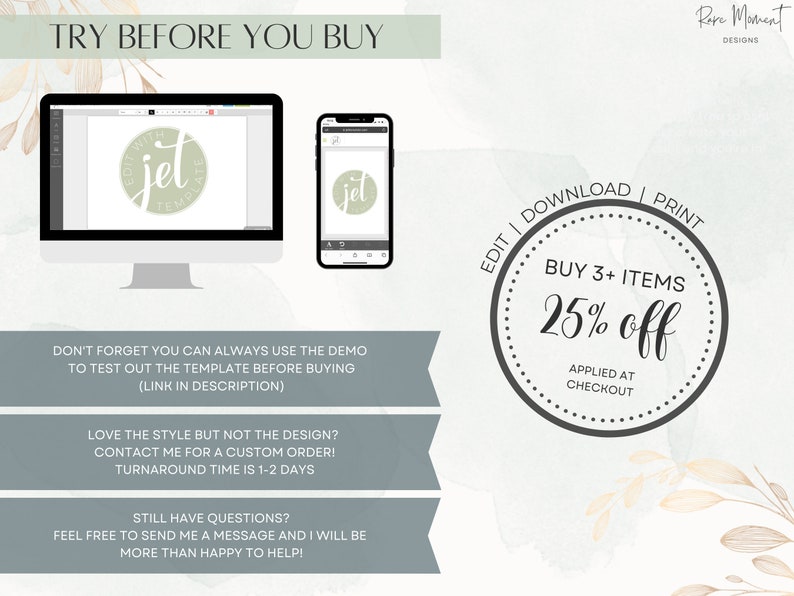 May include: A digital mockup of a computer screen and a mobile phone displaying a logo design for a business called "Jet" with the text "Edit | Download | Print" and "Buy 3+ Items 25% off Applied at Checkout" in a circle with a dotted border.