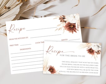 Boho Bridal Shower Recipe Card, Fall Bridal Recipe Card Insert, Fall in Love Bridal Shower, Printable Recipe Cards Template, Boho Florals