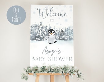 May include: A welcome sign for a baby shower with a penguin illustration in a winter wonderland setting. The sign says "Welcome to Aspyn's Baby Shower".