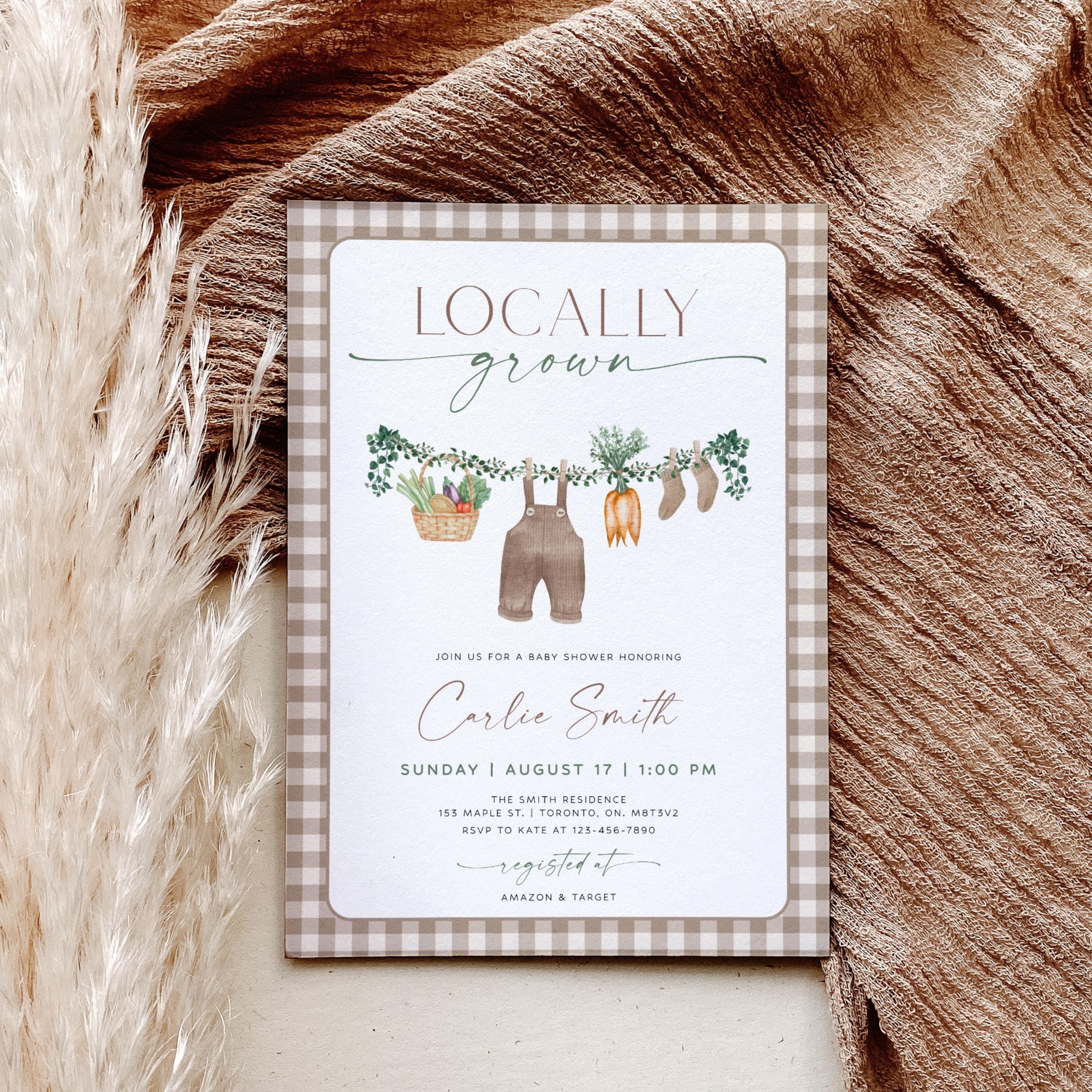 Locally Grown Baby Shower Invitation, Farmers Market Baby Shower Invite, Homegrown Baby Shower Invitation Template, Gingham Veggie Invites