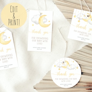 Twinkle Twinkle Little Star Baby Shower Favor Tags, Printable Moon & Stars Shower Thank You Tags, Editable Baby Shower Favor Tag Template