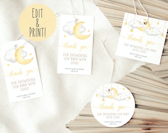 May include: Set of four printable baby shower favor tags featuring a yellow crescent moon and white clouds with stars. The tags say "Thank you for showering our baby with love!" and include the date of the baby shower.
