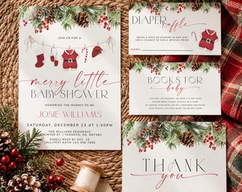 May include: A set of four white paper cards featuring a Christmas theme with pine branches, pinecones, and red berries. The cards include a baby shower invitation, a diaper raffle card, a books for baby card, and a thank you card with text.